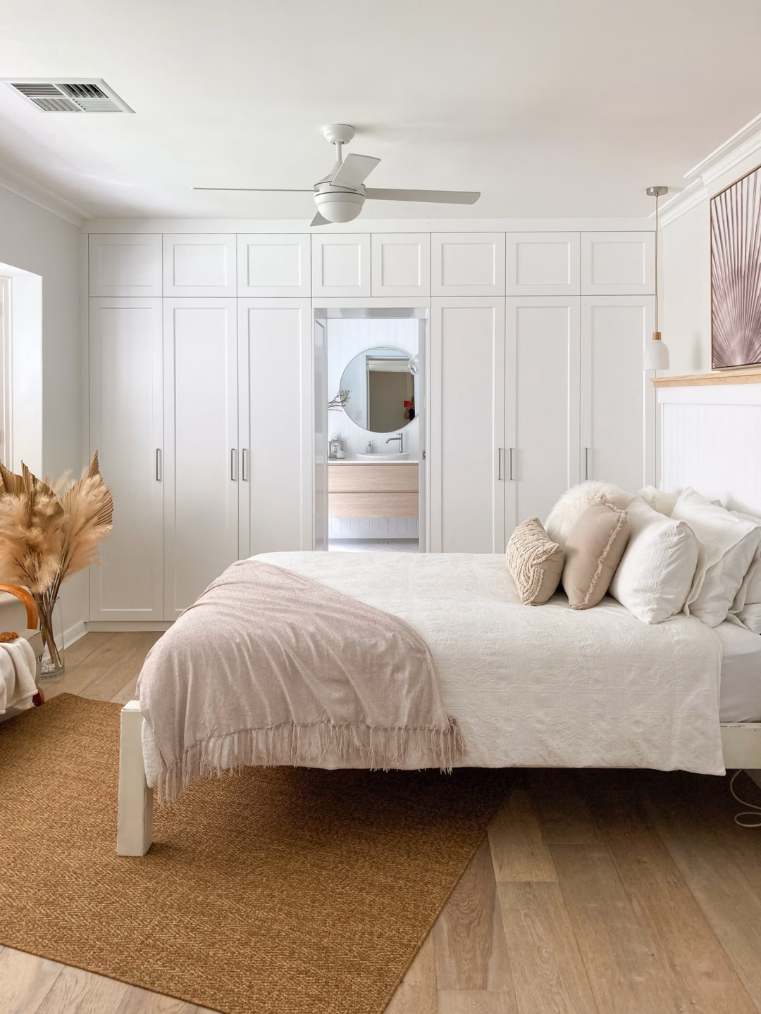 Master bedroom floor-to-ceiling wardrobe featuring single-panel Boston doors in Dulux Vivid White 2-pack satin finish, custom-built by Packers Adelaide.
