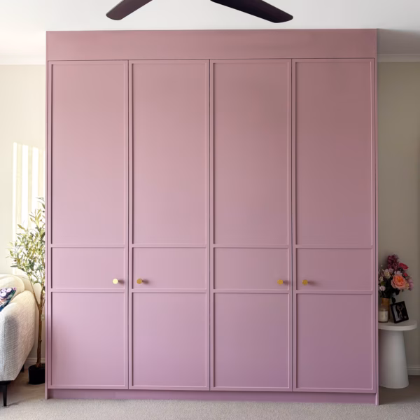 Custom 3-panel slimline Boston floor-to-ceiling wardrobe in Dulux Casa Talec 2-pack satin finish, featuring Lo & Co Ascot brass knobs by Packers.