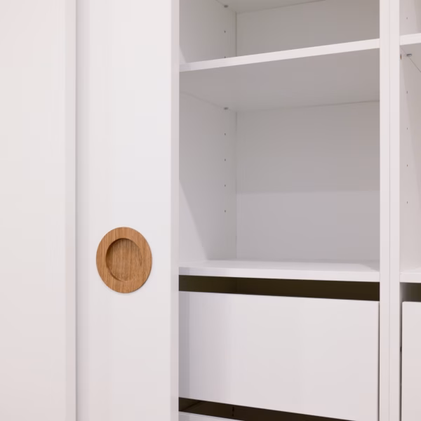 Close-up of a Waterford wardrobe door featuring an integrated timber handle and internal soft-close drawers with a finger gap design, custom-detailed by Packers.
